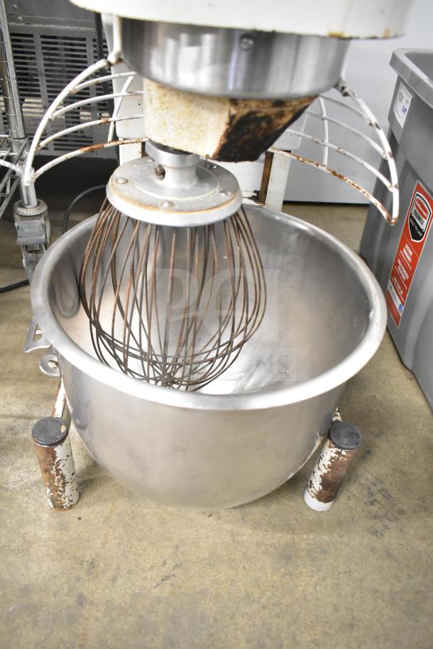 Medalist L20 20-quart planetary dough mixer with bowl, guard, and whisk. 120 volts, 1 phase. Visible wear on components.