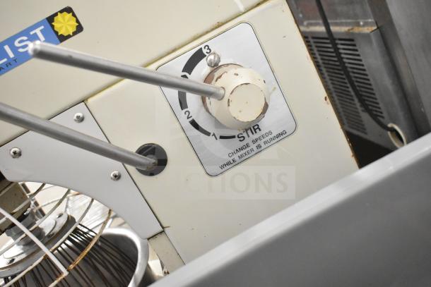 Medalist L20 20 Quart Planetary Dough Mixer with bowl, guard, whisk attachment. Visible speed settings and 120V tag.