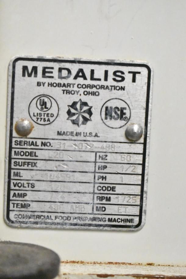 Medalist L20 Commercial 20-Quart Planetary Dough Mixer with bowl, guard, whisk, 120V, 1 phase; detailed label visible.