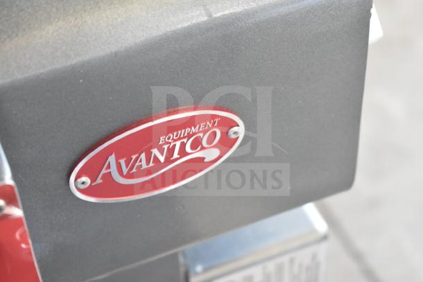 Avantco MX10H mixer label on a commercial countertop dough mixer; features 10 qt capacity, bowl guard, and attachments.