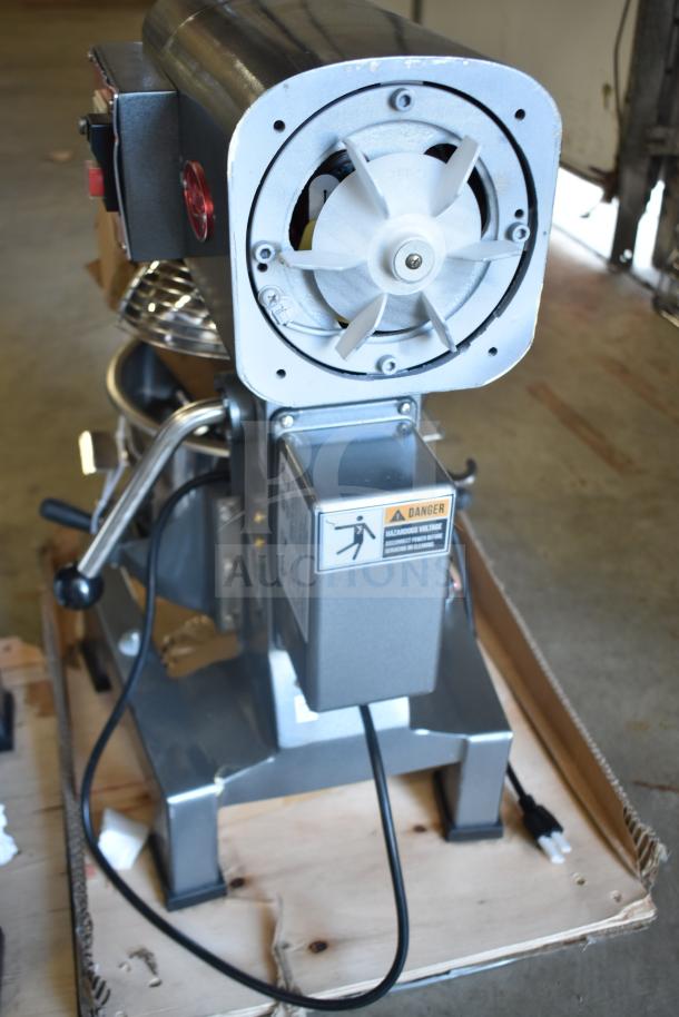 Brand new Avantco MX10H 10-quart planetary dough mixer, includes mixing bowl, guard, dough hook, paddle, 120V, 1-phase.