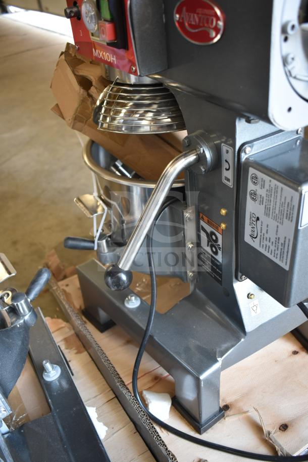 Brand new Avantco MX10H 10 Quart Planetary Dough Mixer with bowl, guard, hook, paddle, 120V, slight packaging damage.