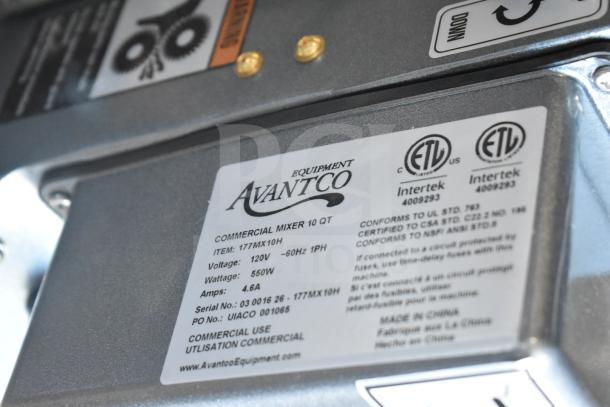 Avantco MX10H Commercial Mixer label, 10 Qt, 120V, 550W, 4.6A, shows model number, certifications, and usage details.