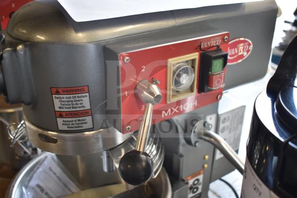 Brand new Avantco MX10H commercial countertop 10-quart planetary dough mixer with bowl, guard, paddle, 120V, 1 phase.