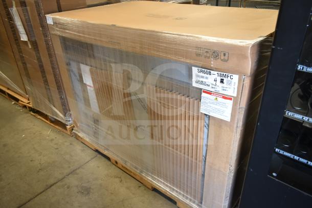 Brand new 2022 Hoshizaki SR60B-18MFC prep table in packaging, showing model and warning labels, 60", 115V, 1 phase.