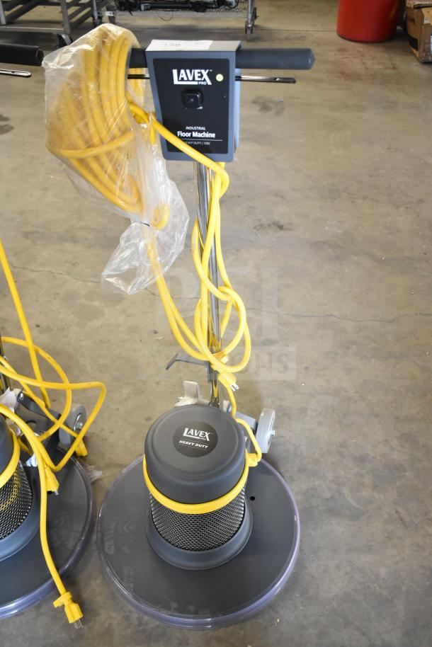 Brand new Lavex Pro 978LPS20S 20" heavy-duty rotary floor machine, 175 RPM, 120V, visible yellow cord, minor scratches.