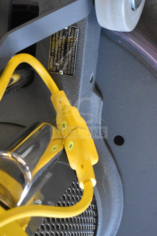 Lavex Pro 978LPS20S floor machine, yellow cables, scratch and dent, warning label visible, new condition.