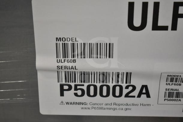 BRAND NEW Hoshizaki ULF60B undercounter freezer label showing model and serial numbers, noting scratch and dent condition.