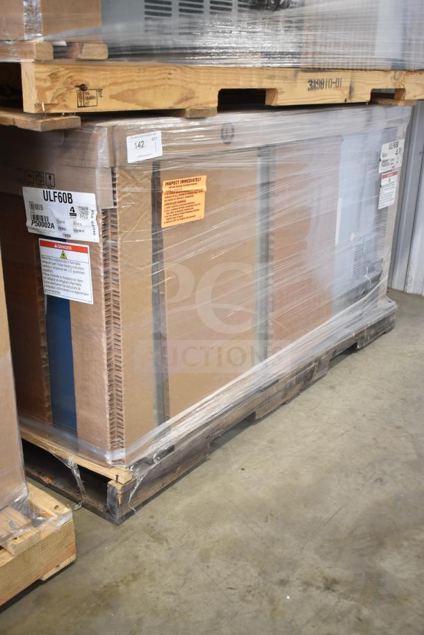 Brand new Hoshizaki ULF60B Steelheart 60" undercounter freezer in packaging, two sections, two doors, 115V.