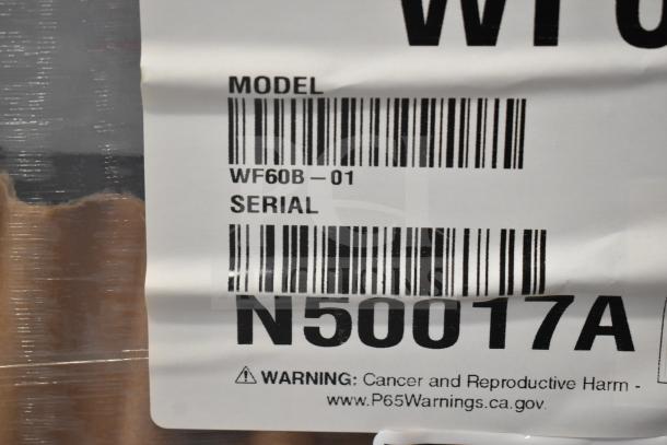 Close-up of Hoshizaki model WF60B-01 label, serial N50017A, warning of cancer and reproductive harm per P65Warnings.ca.gov.
