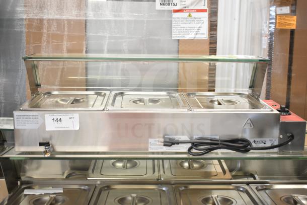Brand new Avantco 177BMFW3 electric bain marie food warmer with 3 half-size wells, 36" stainless steel, 120V, 1 phase.