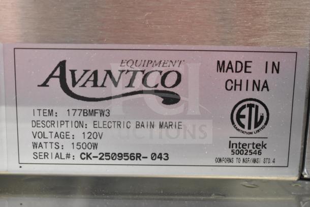 "New Avantco 177BMFW3 Electric Bain Marie, 36-inch, 3 half-size wells, 120V, 1500W. Serial: CK-250956R-043, ETL listed."