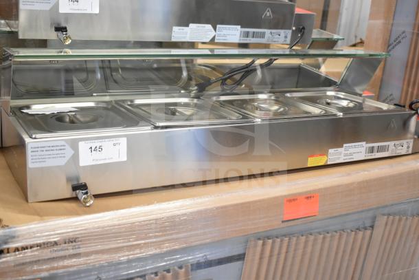 Brand new Avantco 177BMFW4 46" electric bain marie countertop food warmer with four half-size wells, 120 volts, 1 phase.