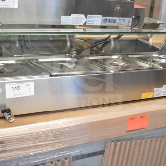 Brand new Avantco 177BMFW4 46" electric bain marie countertop food warmer with four half-size wells, 120 volts, 1 phase.