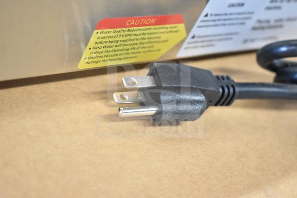 Brand new Avantco 177BMFW4 electric bain marie food warmer plug and caution label detail, 120V, 1 Phase.