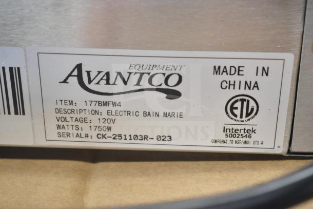 Brand new Avantco 177BMFW4 electric bain marie buffet warmer, 46", 120V, 1750W, with 4 half-size wells.标签显示序列号和认证。