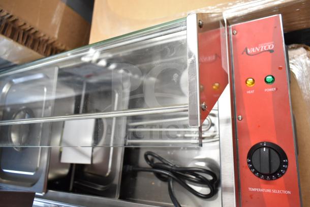 Brand new Avantco 177BMFW5 electric bain marie buffet warmer, 57" with 5 half-size wells, thermostat controls visible.