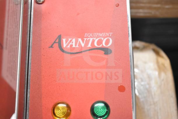 Avantco Equipment label with red casing, showing brand logo and two indicator lights for model 177BMFW5.