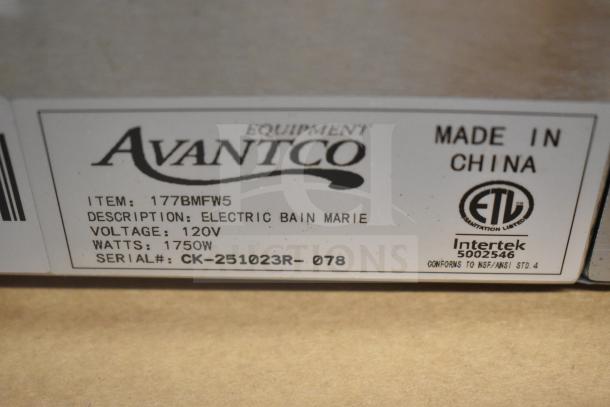 "Avantco 177BMFW5 Electric Bain Marie label, 120V, 1750W, ETL certified, item code CK-251023R-078, made in China."