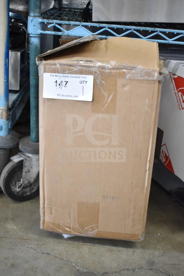 Cardboard box for HBH43LIT01XAM white shower curtain with flex-on rings, slight dents. Label shows auction details.