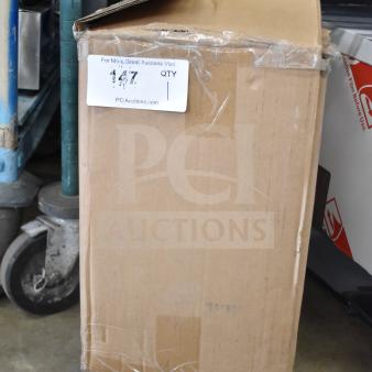 Cardboard box for HBH43LIT01XAM white shower curtain with flex-on rings, slight dents. Label shows auction details.