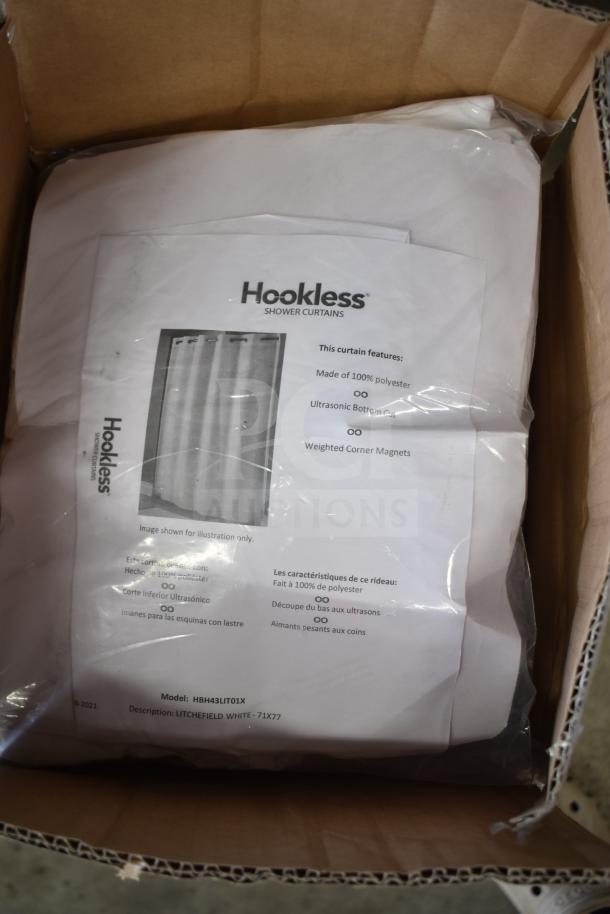 BRAND NEW SCRATCH AND DENT! White Litchfield shower curtain, model HBH43LIT01XAM, 71"x77", with Flex-On rings and magnets.