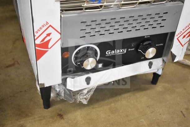 Brand new Galaxy 177GCT10 commercial conveyor toaster, 3" opening, 120V, 1 Phase. Scratch and dent condition. Control knobs visible.