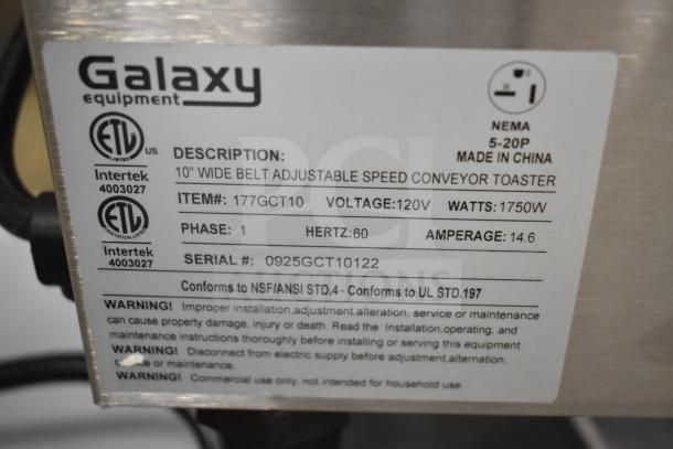 Galaxy 177GCT10 commercial conveyor toaster label, 10" wide belt, 120V, 1750W, 1 phase, 3" opening, ETL listed.