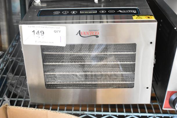 Brand new Galaxy 177LT06A 6 tray stainless steel food dehydrator with glass door, minor scratches; 120V, 1 phase.