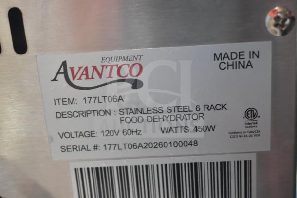 Label for Galaxy 177LT06A food dehydrator, noting stainless steel, 6 racks, 120V, 450W, made in China. Serial 177LT06A20260100048.