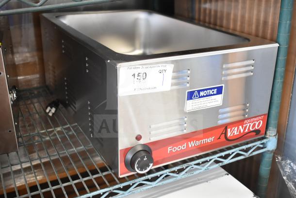 Brand new Avantco 177W50 full-size electric countertop food warmer, 12"x20", 120 volts. Minor scratches visible, label and notice intact.