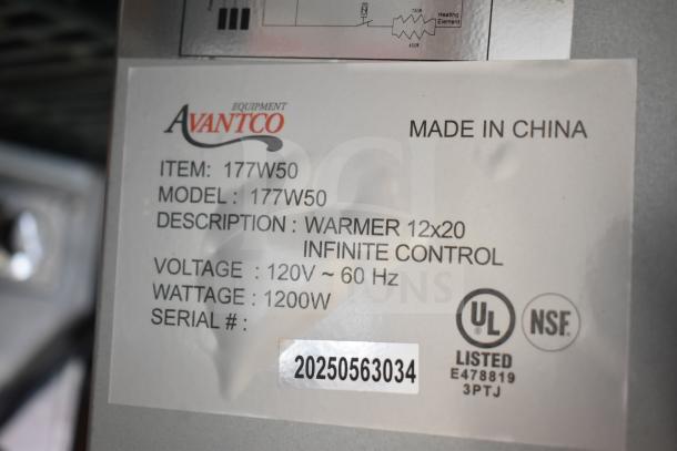 Brand new Avantco 177W50 12"x20" electric food warmer. UL and NSF certified. 120V, 1200W, infinite control. Made in China.