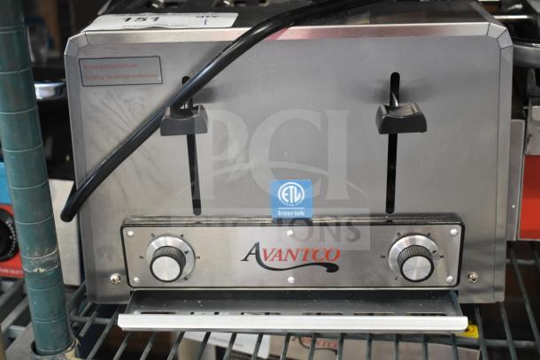 BRAND NEW Avantco 184THD1800 commercial toaster, 4-slice, 1.5" slots, 120V, with control knobs and ETL label. Some scratches.