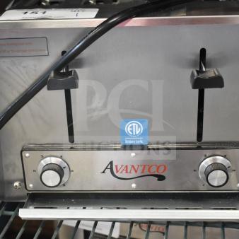 BRAND NEW Avantco 184THD1800 commercial toaster, 4-slice, 1.5" slots, 120V, with control knobs and ETL label. Some scratches.