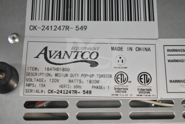 Brand new Avantco 184THD1800 4-slice toaster, wide 1.5" slots, 120V, 1800W. Scratch and dent condition, serial CK-241247R-549.