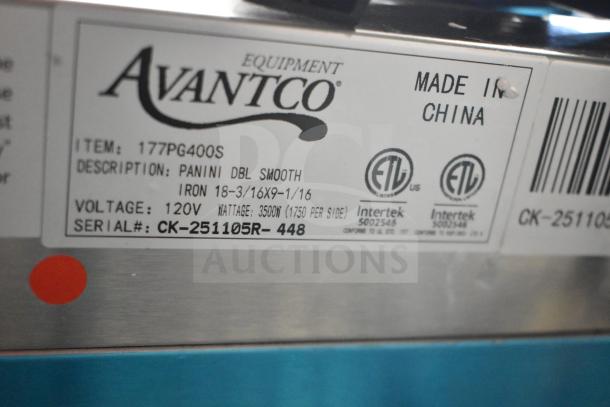 BRAND NEW Avantco 177PG400S Commercial Panini Grill with smooth plates, 19 5/8"x9 1/8" surface, 120V, label shown.