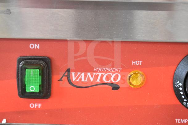 Close-up of Avantco 177PG400S panini grill control panel, showing brand logo, an on/off switch, and a temperature indicator.