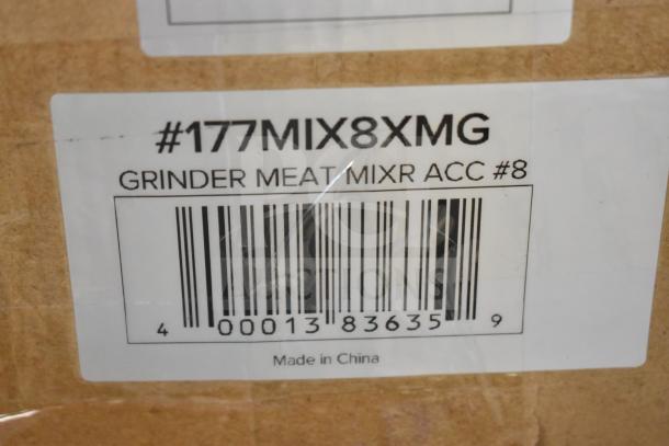 Alt text: Barcode label shows #177MIX8XMG grinder meat mixer accessory #8, made in China, on cardboard packaging.