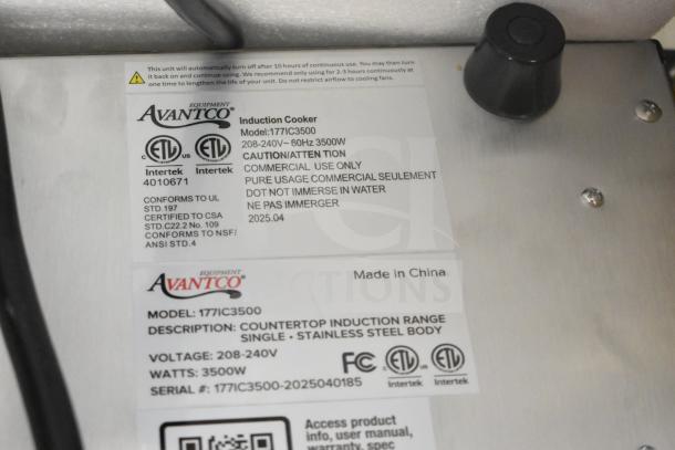 2025 Avantco 177IC3500 Countertop Induction Range, 208-240 Volts, 3500W; stainless steel, new with minor scratches.