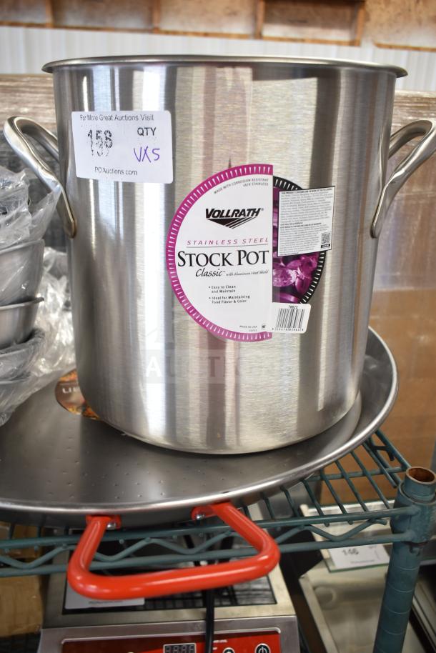 New Vollrath 24 Qt. Stainless Steel Stock Pot with label; includes other new scratch and dent items. Auction lot.