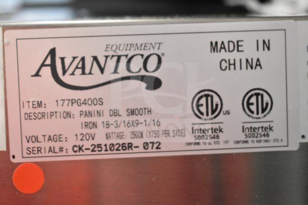 "Avantco 177PG400S Panini Grill label, detailing model, voltage (120V), wattage, and smooth plates description. Made in China."