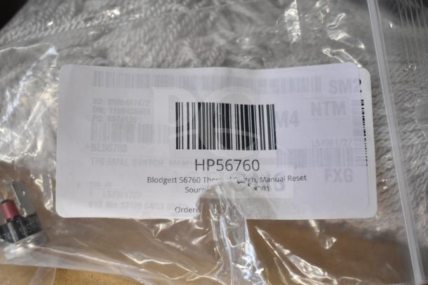 Bag with Blodgett 56760 Thermal Switch, Manual Reset HP56760. New condition, labeled barcode and product details.