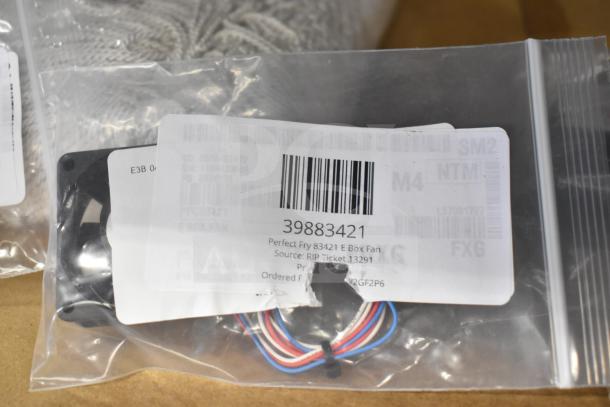 Brand new Perfect Fry 83421 E Box Fan in sealed packaging with barcode label visible, item 39883421.