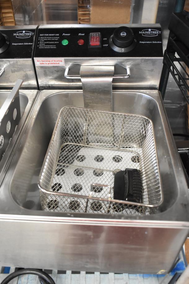 Brand new Mainstreet 177F20E dual tank electric countertop fryer, 20 lb capacity, 110V, with control panel and warning label.