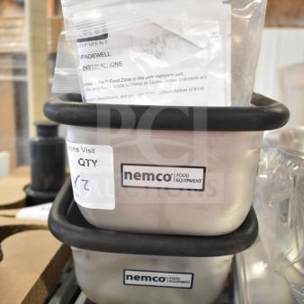 Brand new Nemco 77316-7A 7" ice cream dipper well and faucet set, shown with packaging and instructions.
