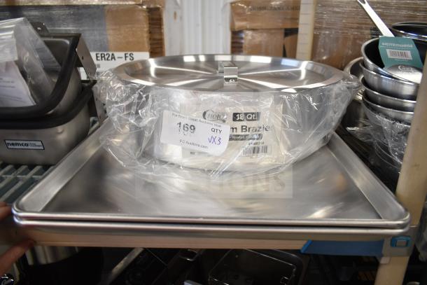 3 new items: Choice 18 Qt. aluminum brazier, Baker's Lane full-size aluminum sheet pan, both pristine condition.