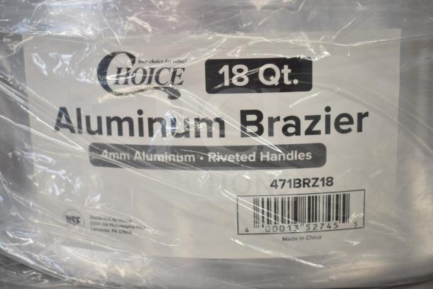 3 brand new items: 471BRZ18 Choice 18 qt. aluminum brazier and Baker's Lane USA full-size sheet pan, 16 gauge, 18"x26".