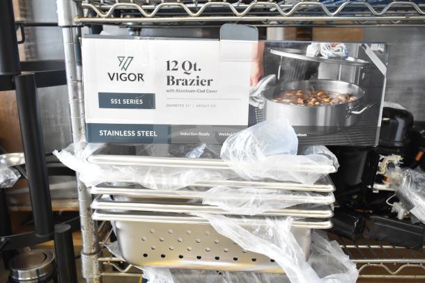 6 new scratch and dent items, Vigor SS1 Series 12 Qt. Stainless Steel Brazier with aluminum-clad cover, perforated bins.