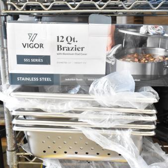 6 new scratch and dent items, Vigor SS1 Series 12 Qt. Stainless Steel Brazier with aluminum-clad cover, perforated bins.