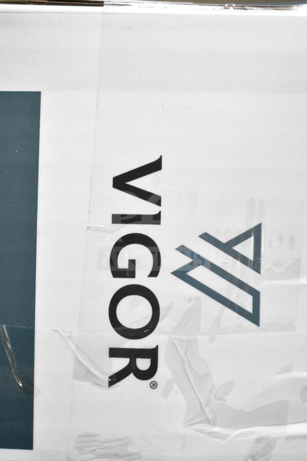 Vigor logo on packaging for 6 new scratch and dent items, including a 12 Qt. stainless steel brazier and perforated bins.